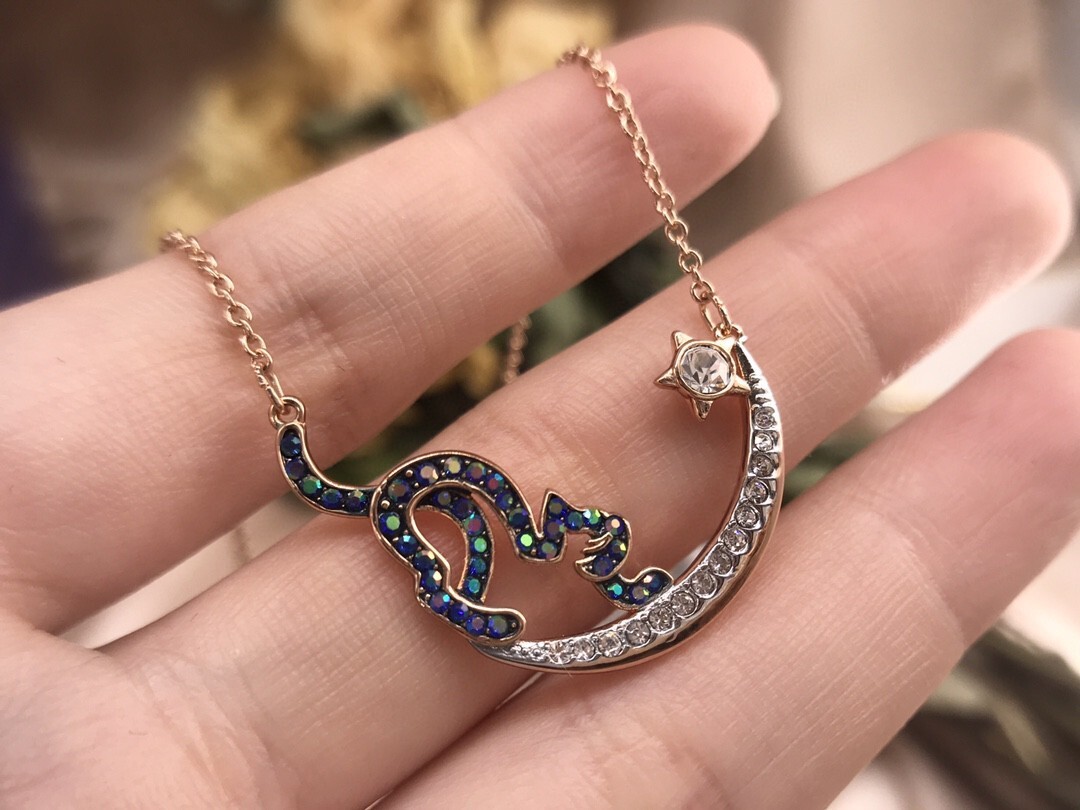 Swarovski Rose Gold Cat & Moon Necklace – Crystal Accent