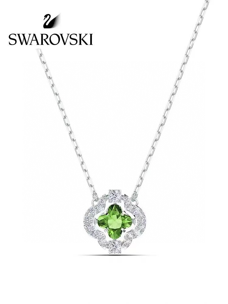 Swarovski Green Clover Pendant Necklace – Silver Tone