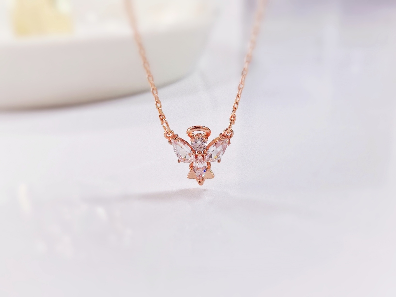 Rose Gold Angel Wing Necklace – Cubic Zirconia Accent