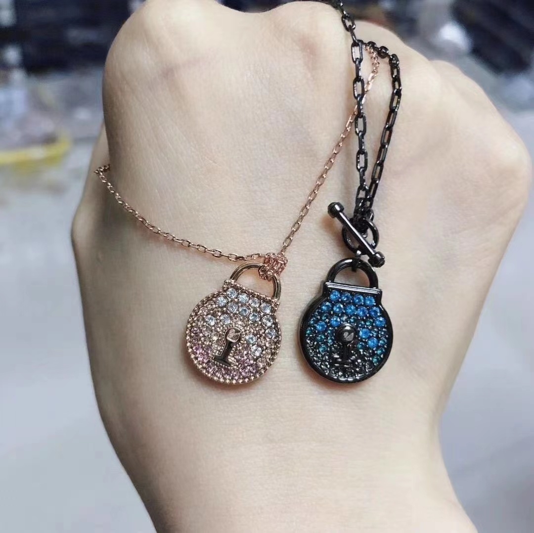 Rose Gold Blue Rhinestone Necklace – Lock Pendant Necklace – Rose Gold
