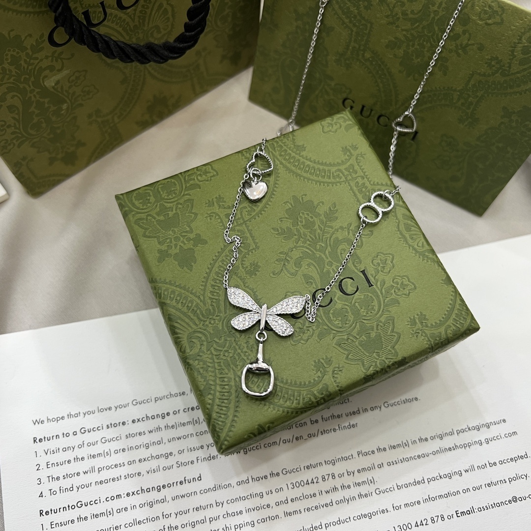 Gucci Silver Butterfly Charm Necklace – Crystal Accents