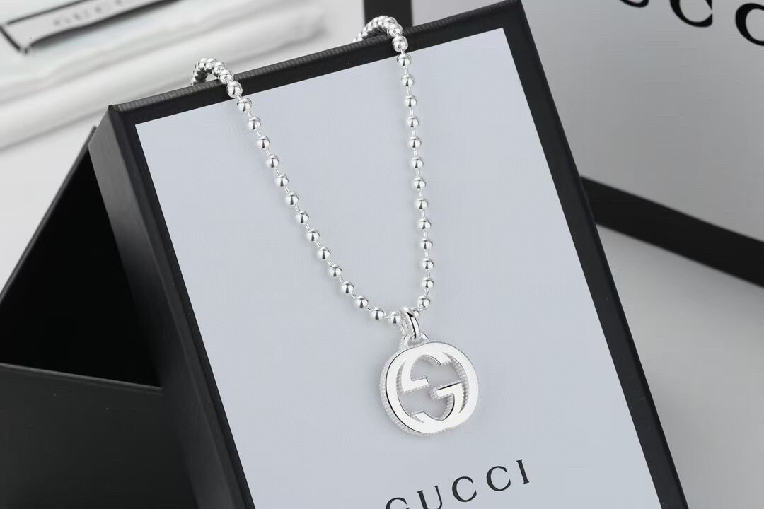 Gucci Sterling Silver GG Pendant Necklace – Beaded Chain