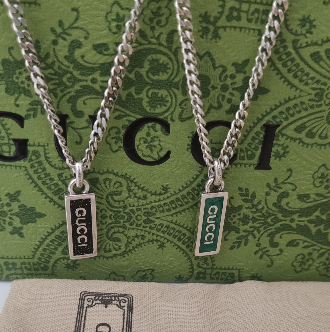 Gucci Silver Tag Necklace – Black & Green Enamel