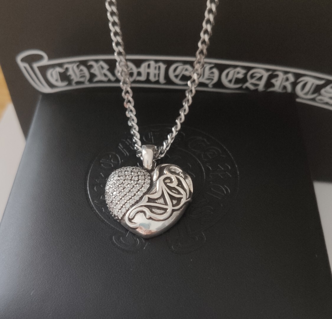 Chrome Hearts Silver Pave Heart Pendant Necklace