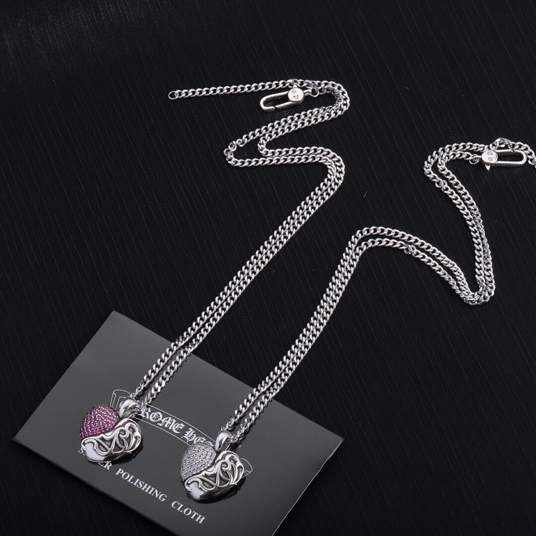 Chrome Hearts Silver Heart Pendant – Pink & Clear Crystal