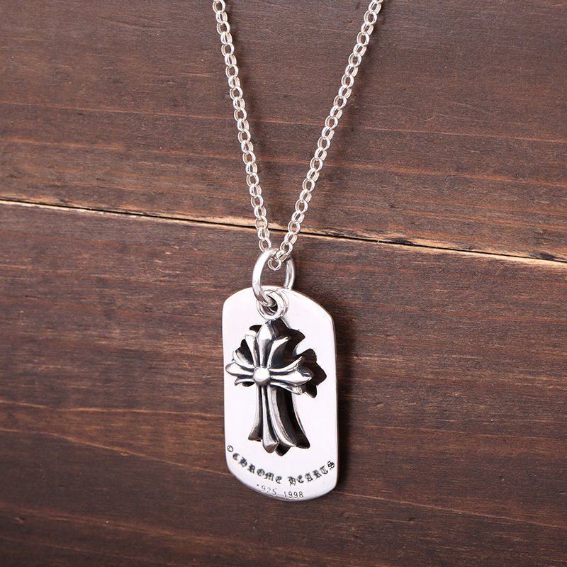 Chrome Hearts Silver Dog Tag Cross Pendant Necklace