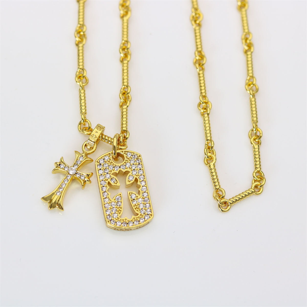 Gold Cross Dog Tag Necklace – CZ Paved Pendants
