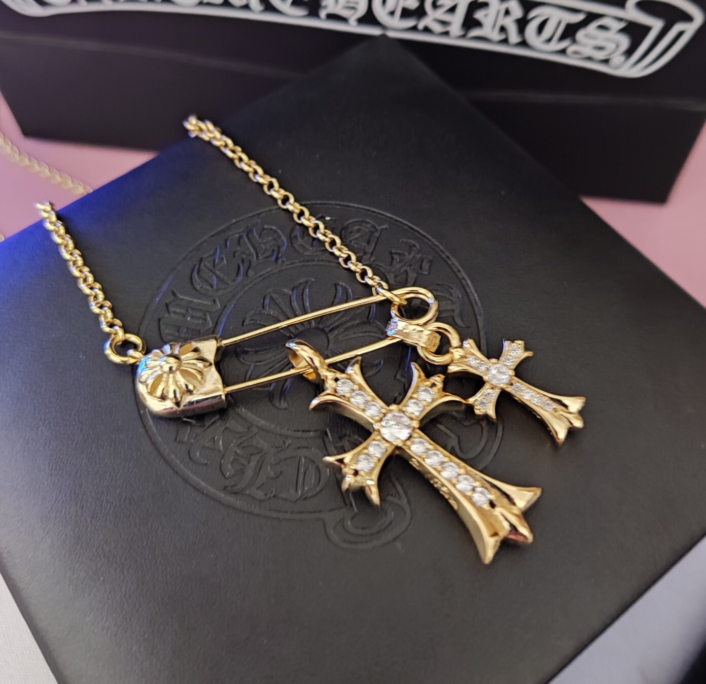 Chrome Hearts Gold Safety Pin Cross Necklace – Pave Diamonds