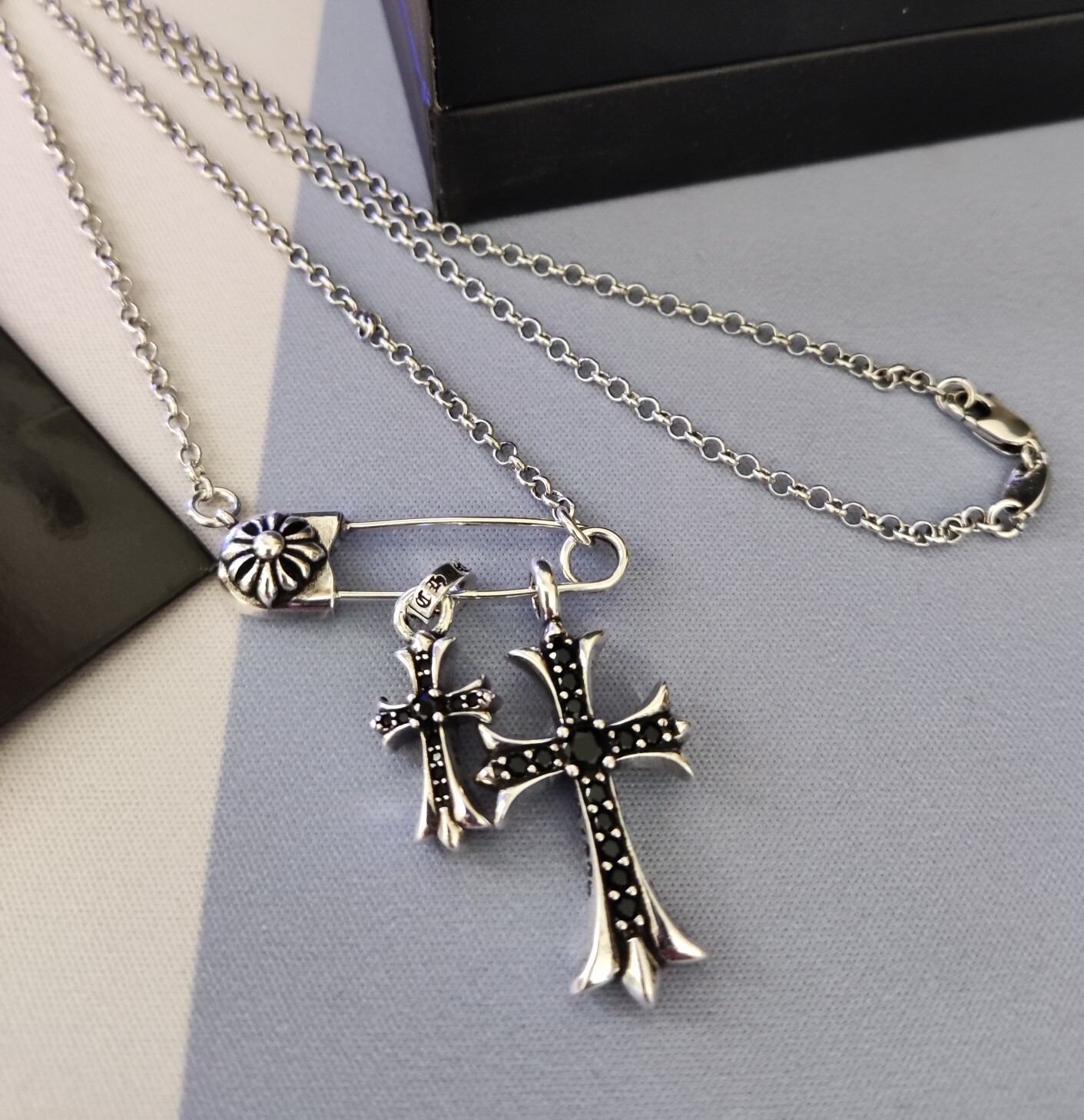 Chrome Hearts Silver Cross Safety Pin Necklace