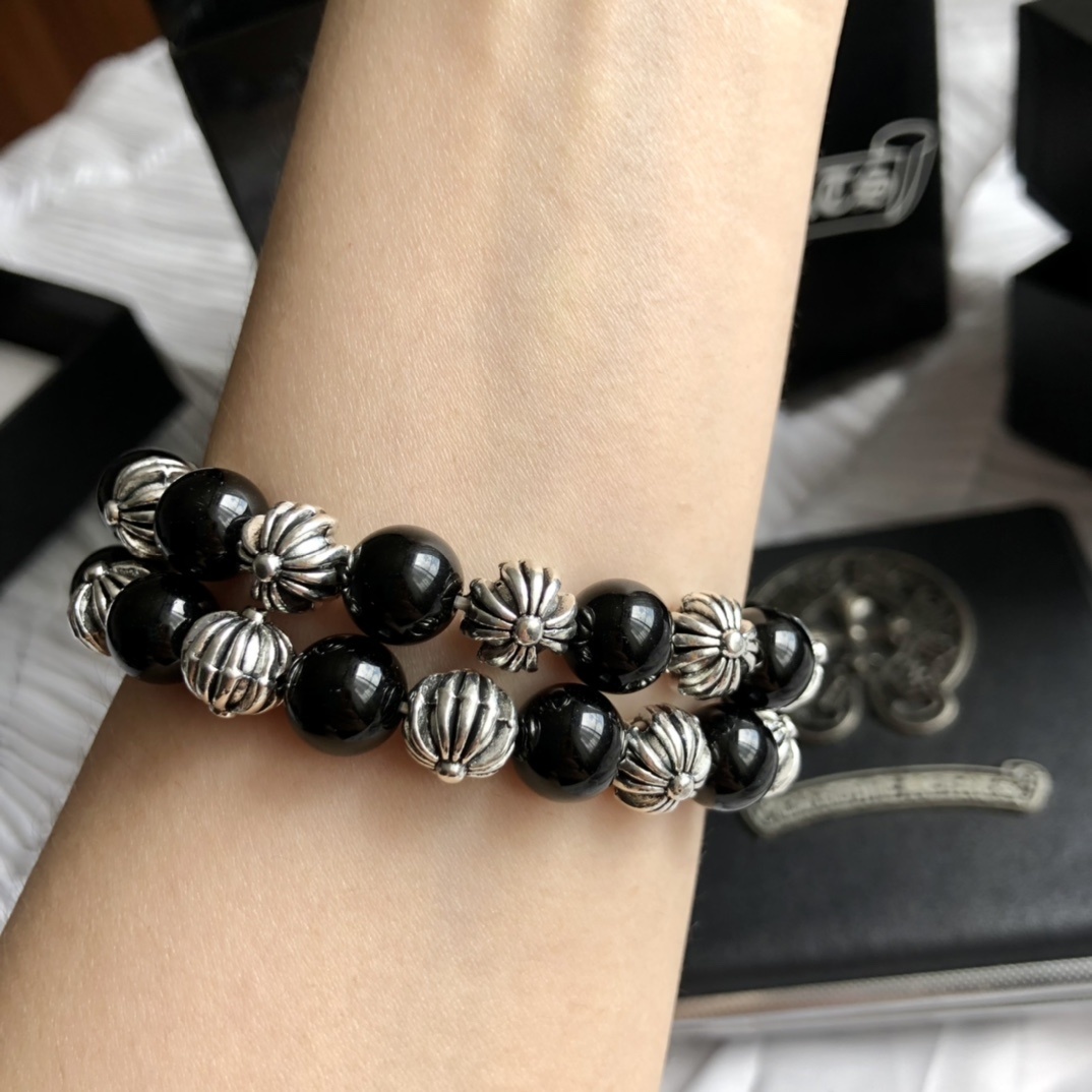 Premium Black Onyx & Silver Bead Bracelet