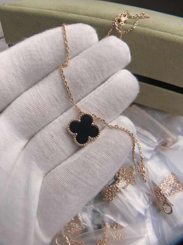 Van Cleef Rose Gold Black Onyx Clover Necklace