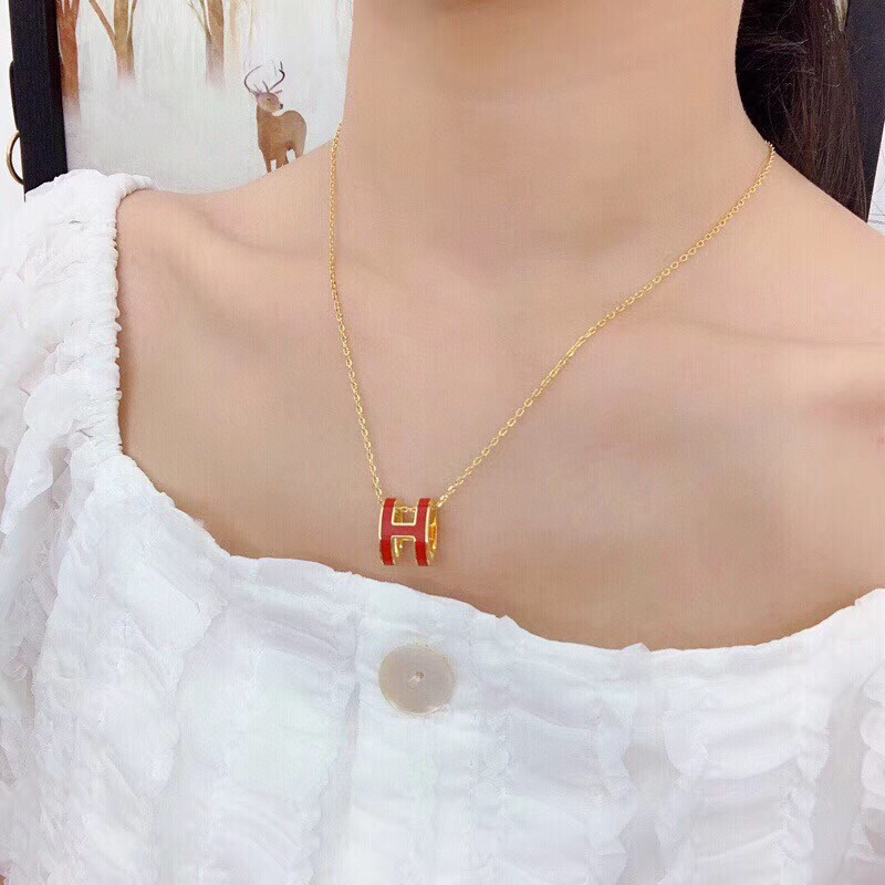 Hermès Red Enamel H Pendant Necklace – Gold-Tone