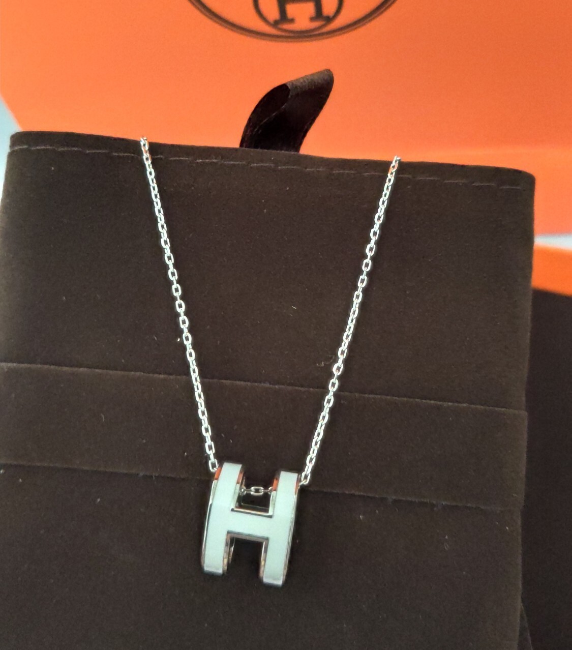 Hermès White Enamel H Pendant – Silver Chain Necklace