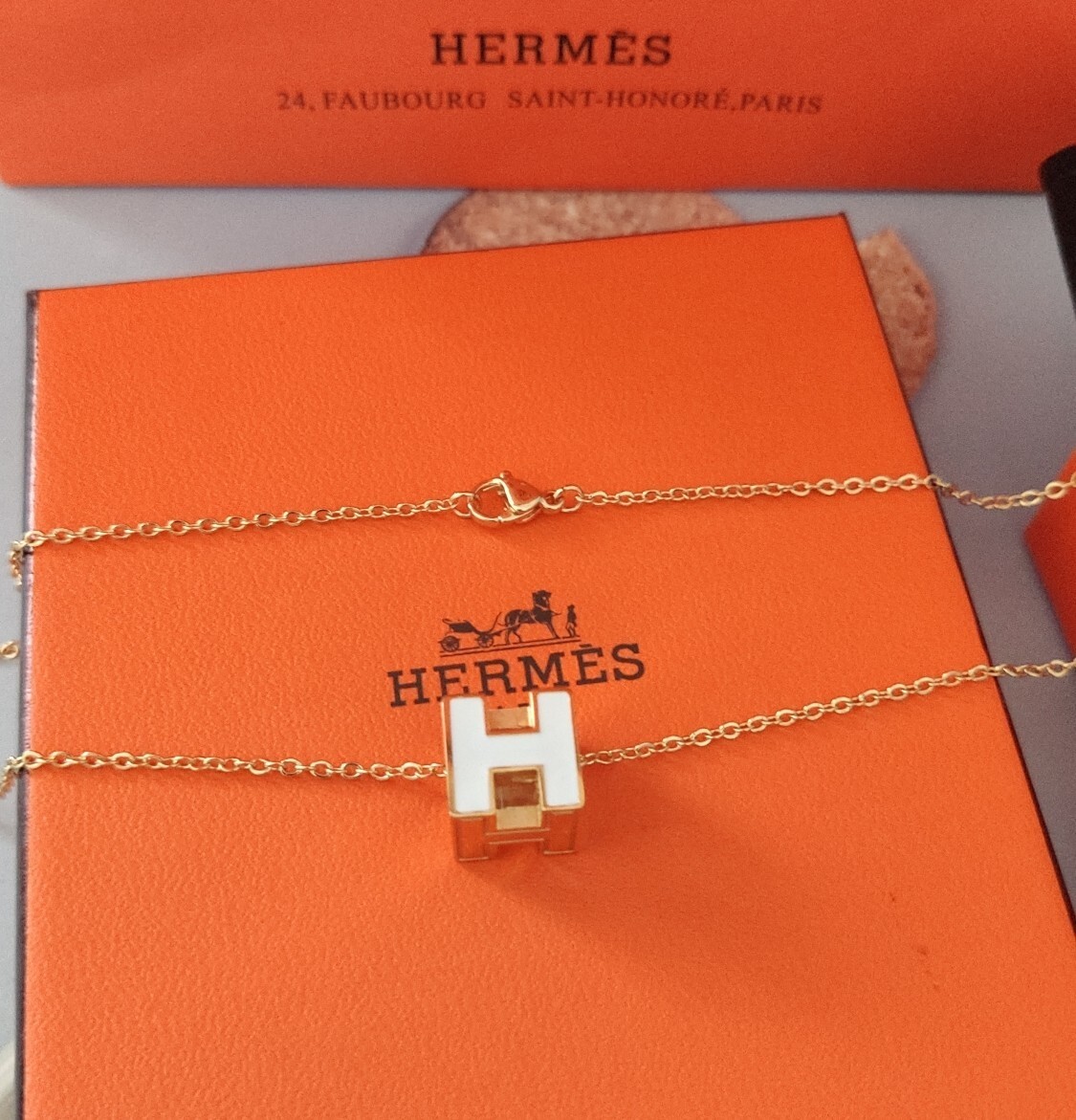Hermès White Enamel H Pendant Necklace – Gold Hardware