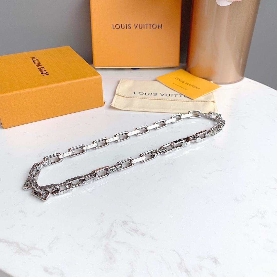 LV Monogram Silver-Tone Chain Link Necklace & Bracelet Set