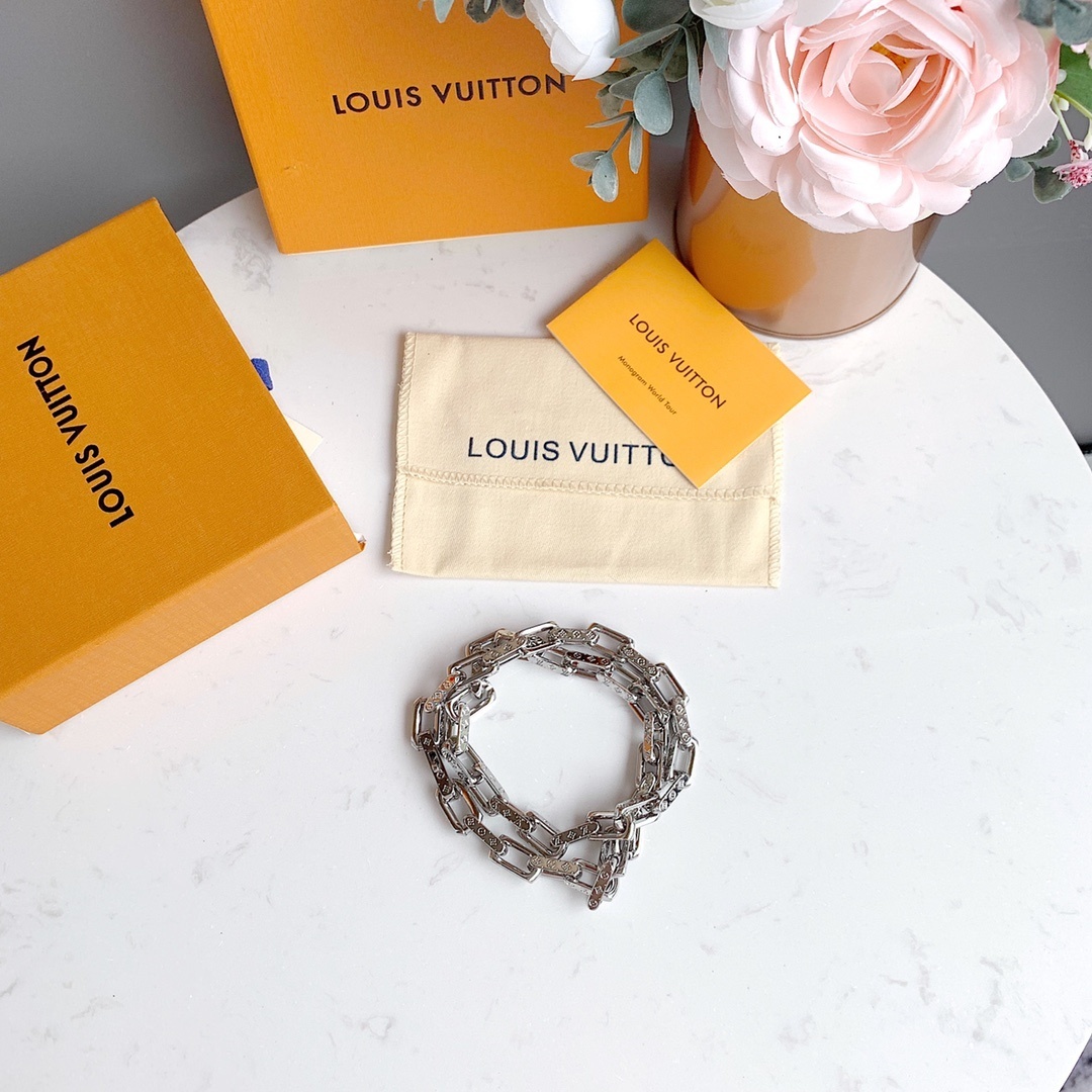 LV Monogram Silver-Tone Chain Link Necklace & Bracelet Set