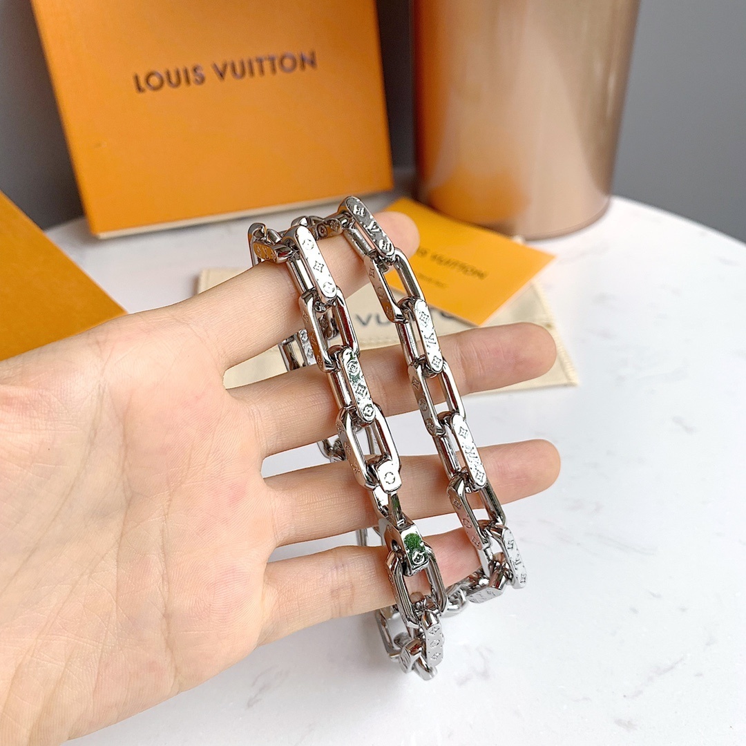 LV Monogram Silver-Tone Chain Link Necklace & Bracelet Set