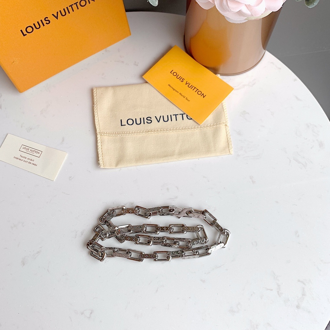 LV Monogram Silver-Tone Chain Link Necklace & Bracelet Set