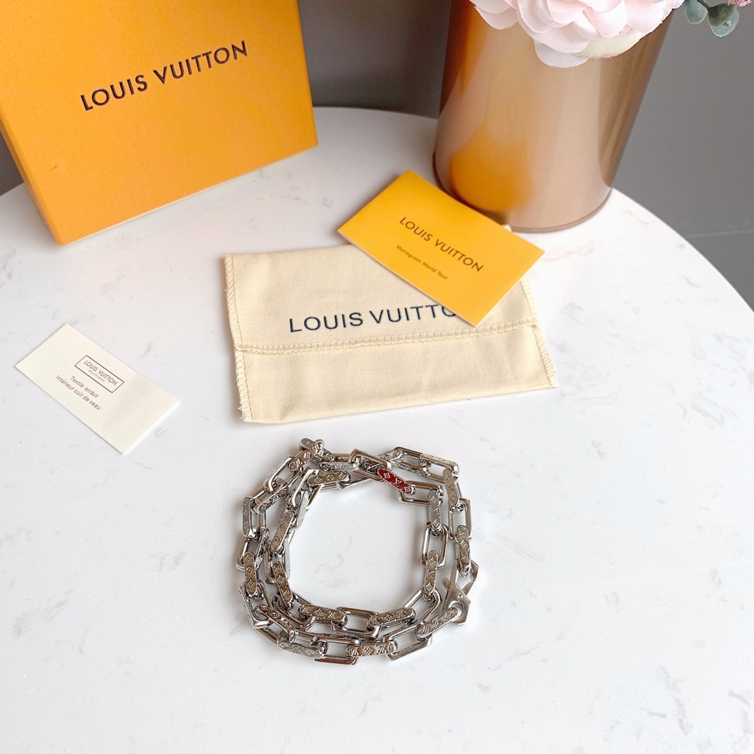 LV Monogram Silver-Tone Chain Link Necklace & Bracelet Set
