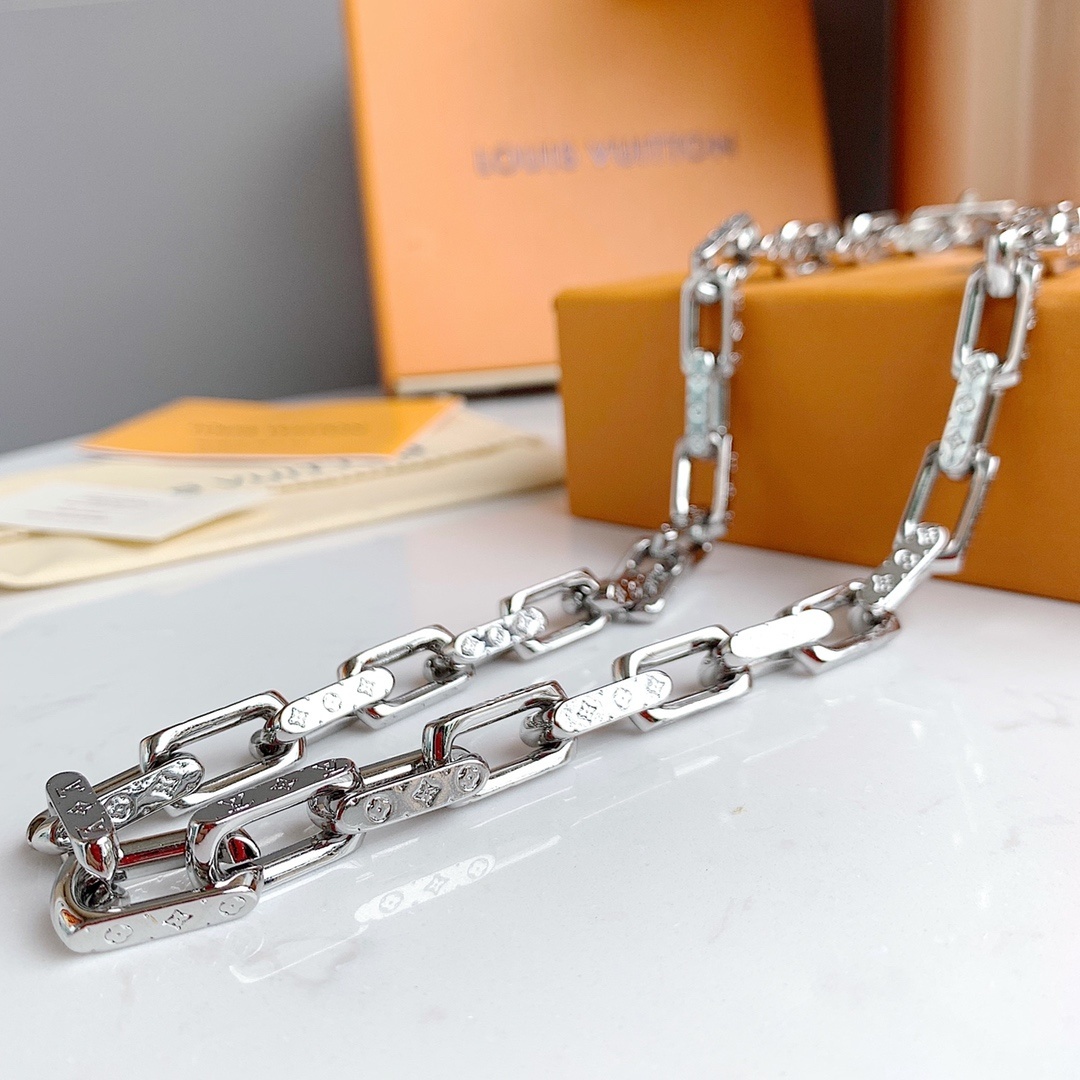 LV Monogram Silver-Tone Chain Link Necklace & Bracelet Set