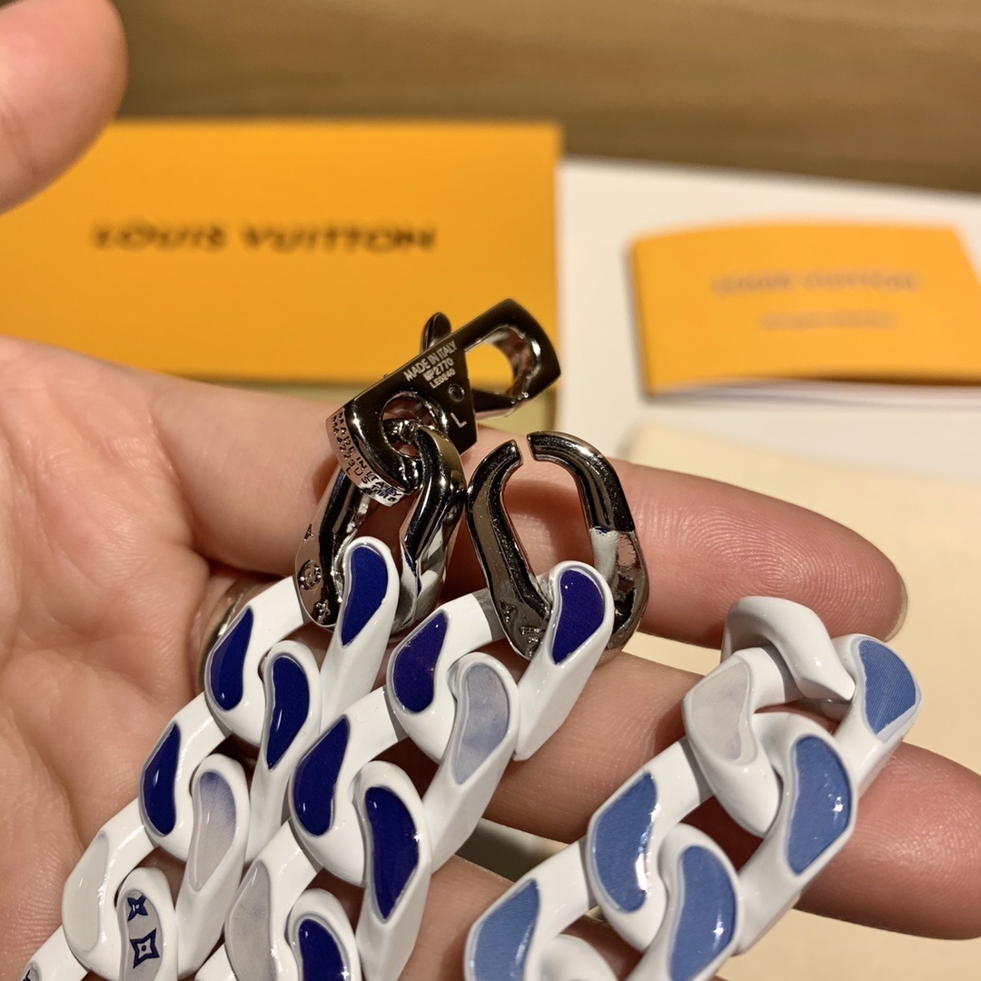 LV White & Blue Chain Links Necklace – Statement Jewelry