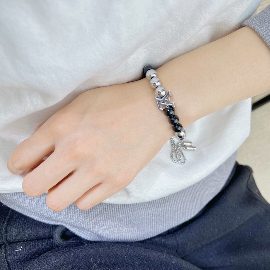 Premium Black Onyx & Silver Charm Bracelet