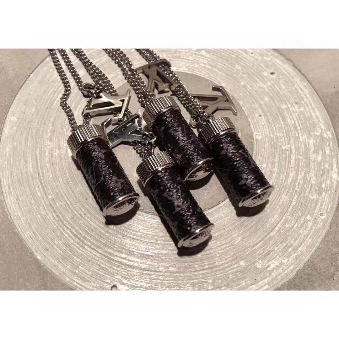 LV Silver Cylinder Pendant Necklace – Embossed Black Leather