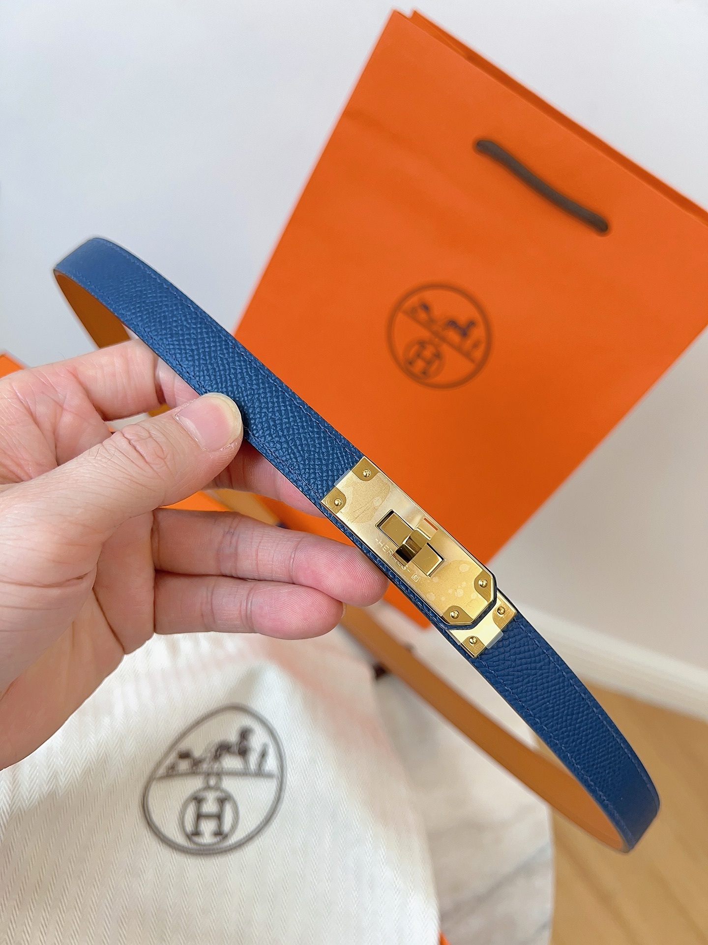 Hermes Kelly Double Tour Bracelet - Blue Leather & Gold Hardware
