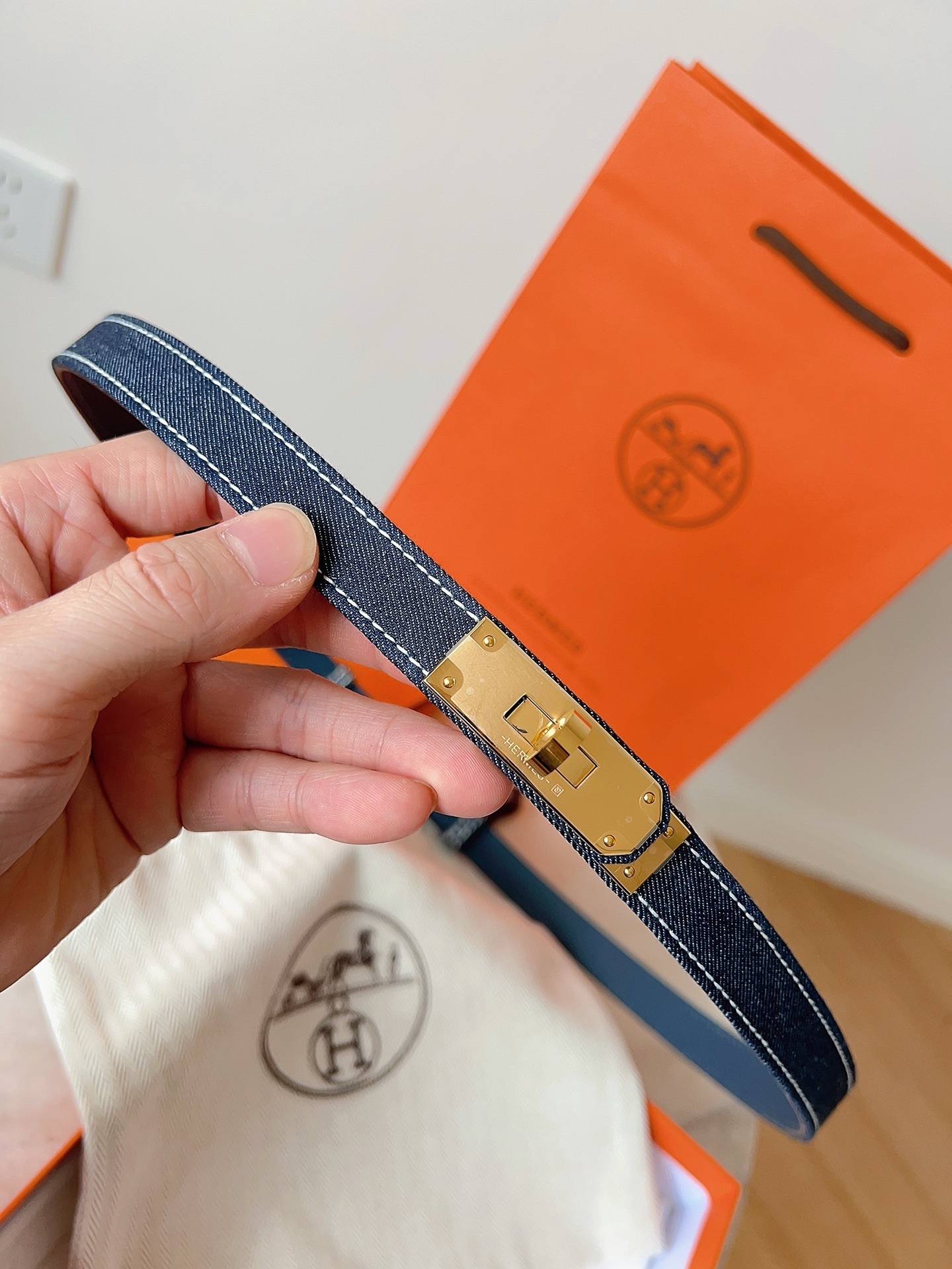 Hermes Kelly Double Tour Bracelet - Blue Denim with Gold Hardware