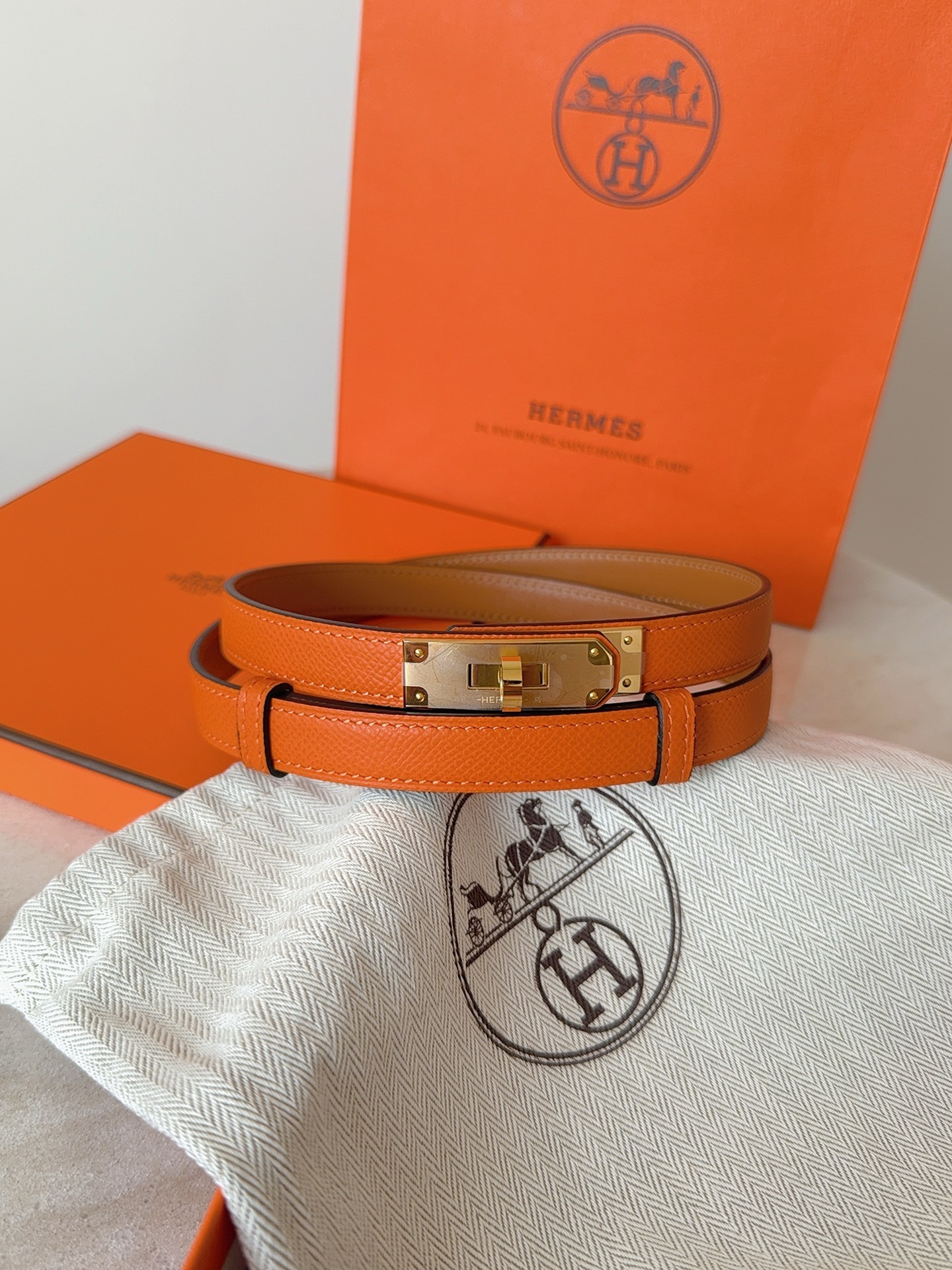 Hermès Kelly Belt in Orange Epsom Leather with Gold Hardware