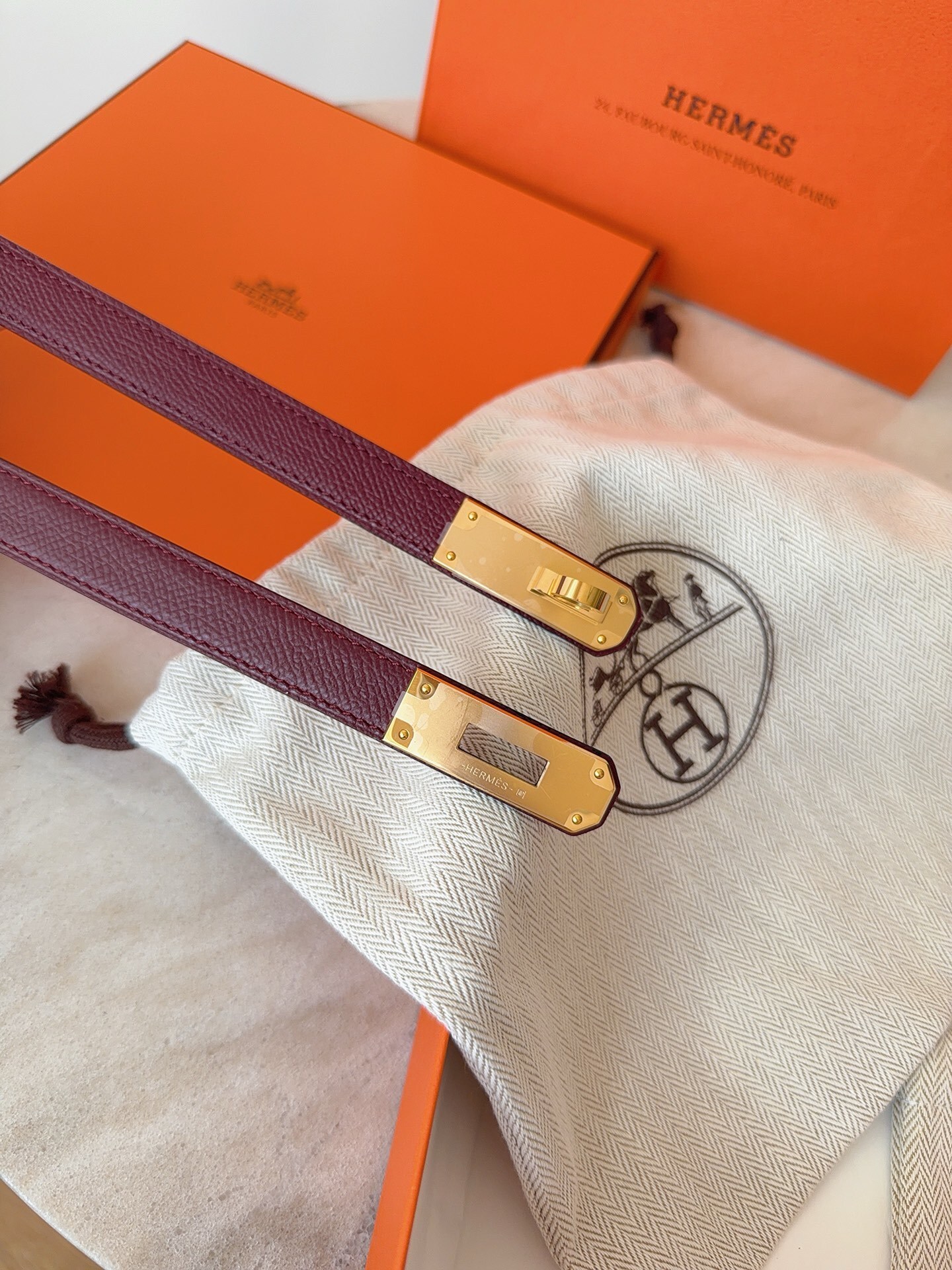 Hermes Kelly Double Tour Bracelet - Burgundy Leather Gold Buckle