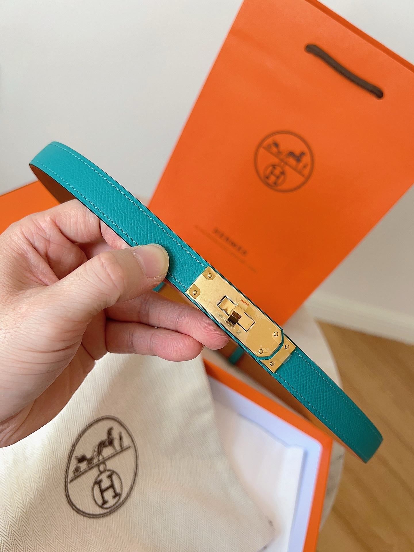 Hermes Kelly Double Tour Bracelet - Teal Epsom Leather Gold Hardware
