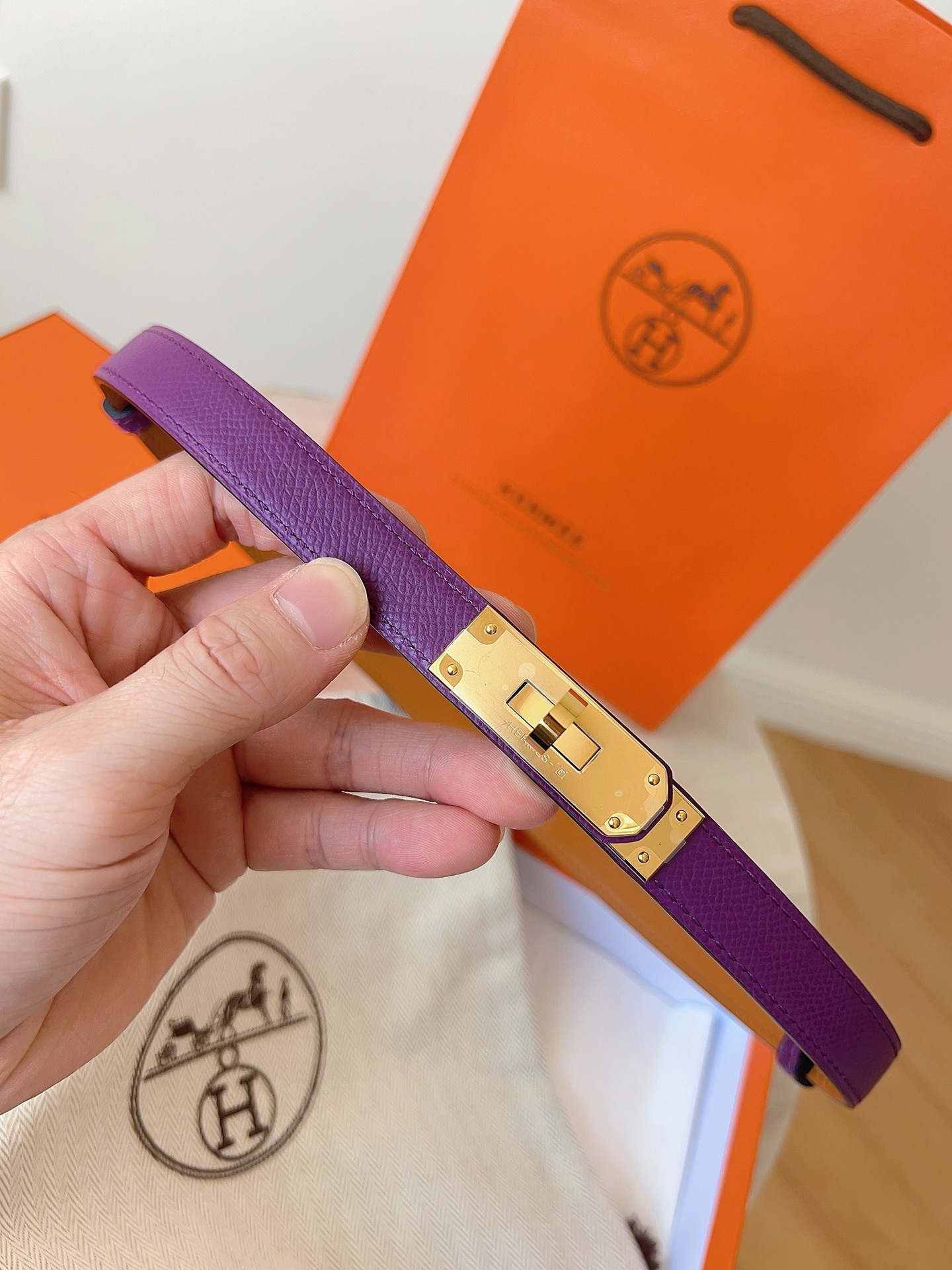 Hermès Kelly Belt Purple Epsom Leather with Gold Hardware