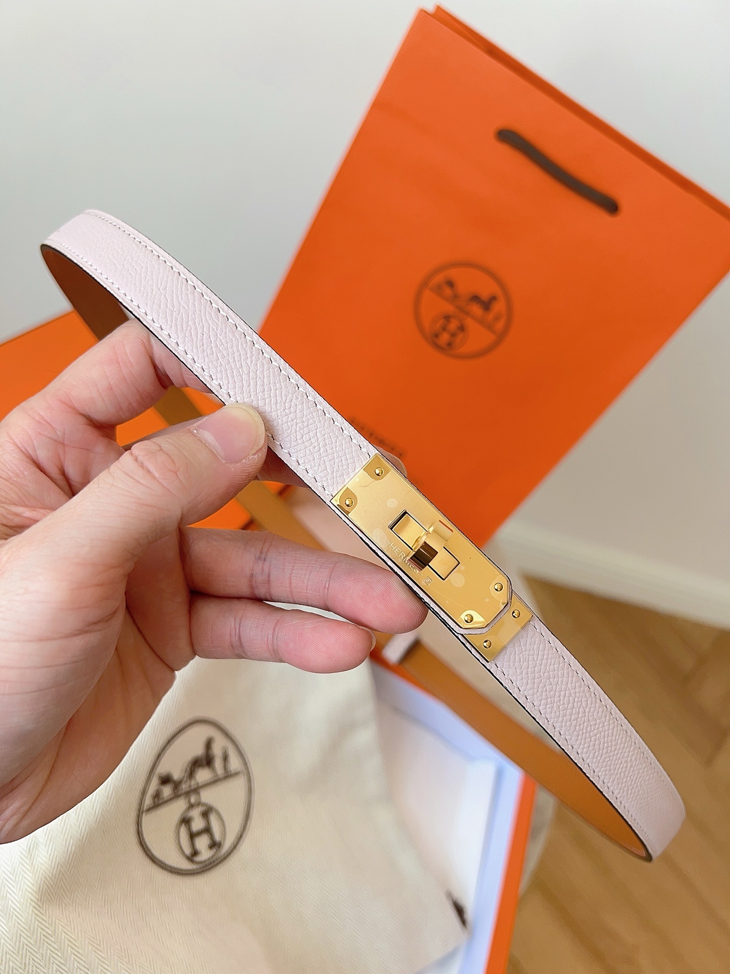 Hermes Kelly Double Tour Bracelet Pink Epsom Leather Gold Hardware