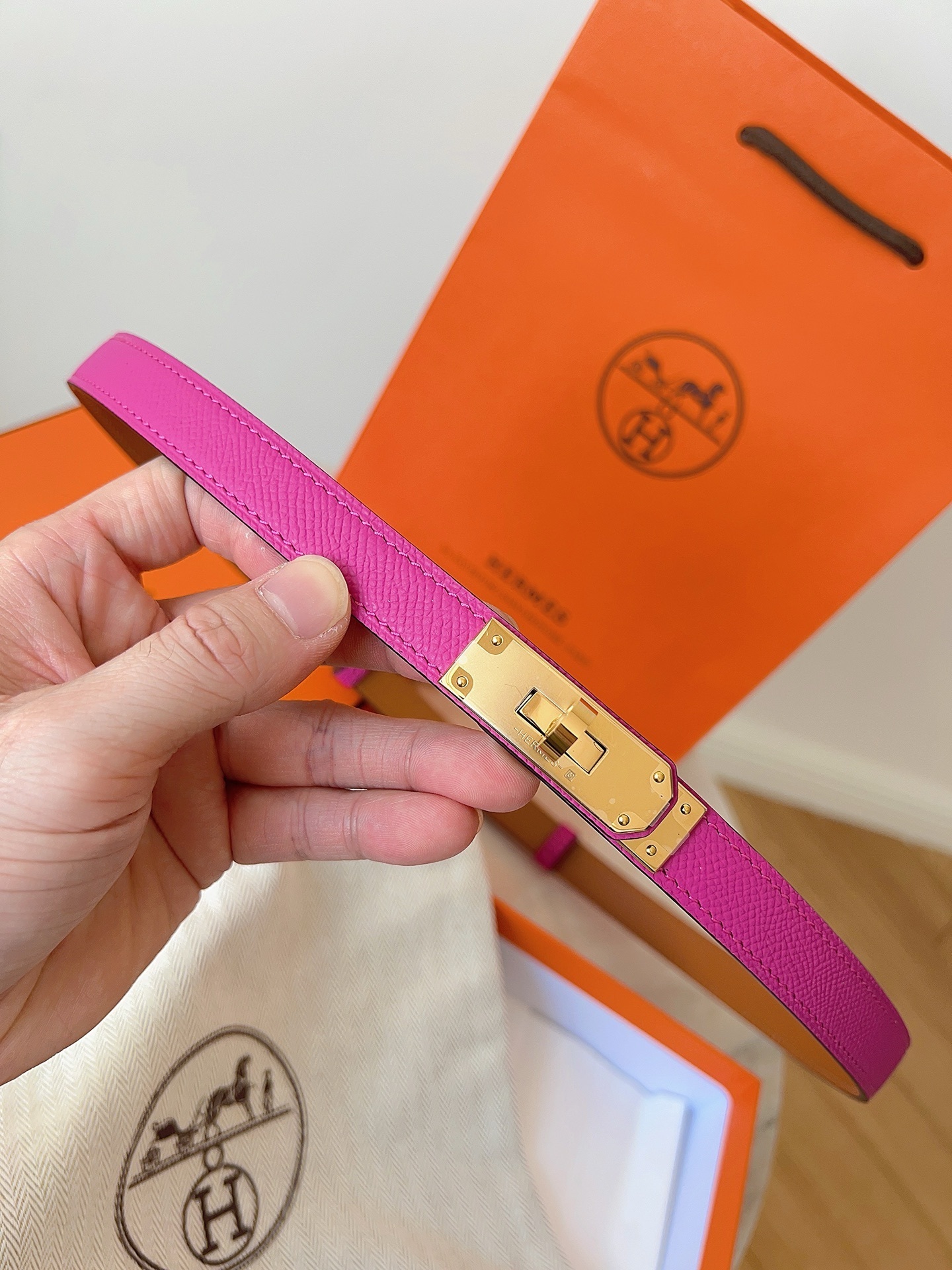 Hermes Kelly Double Tour Bracelet Pink Leather Gold Hardware