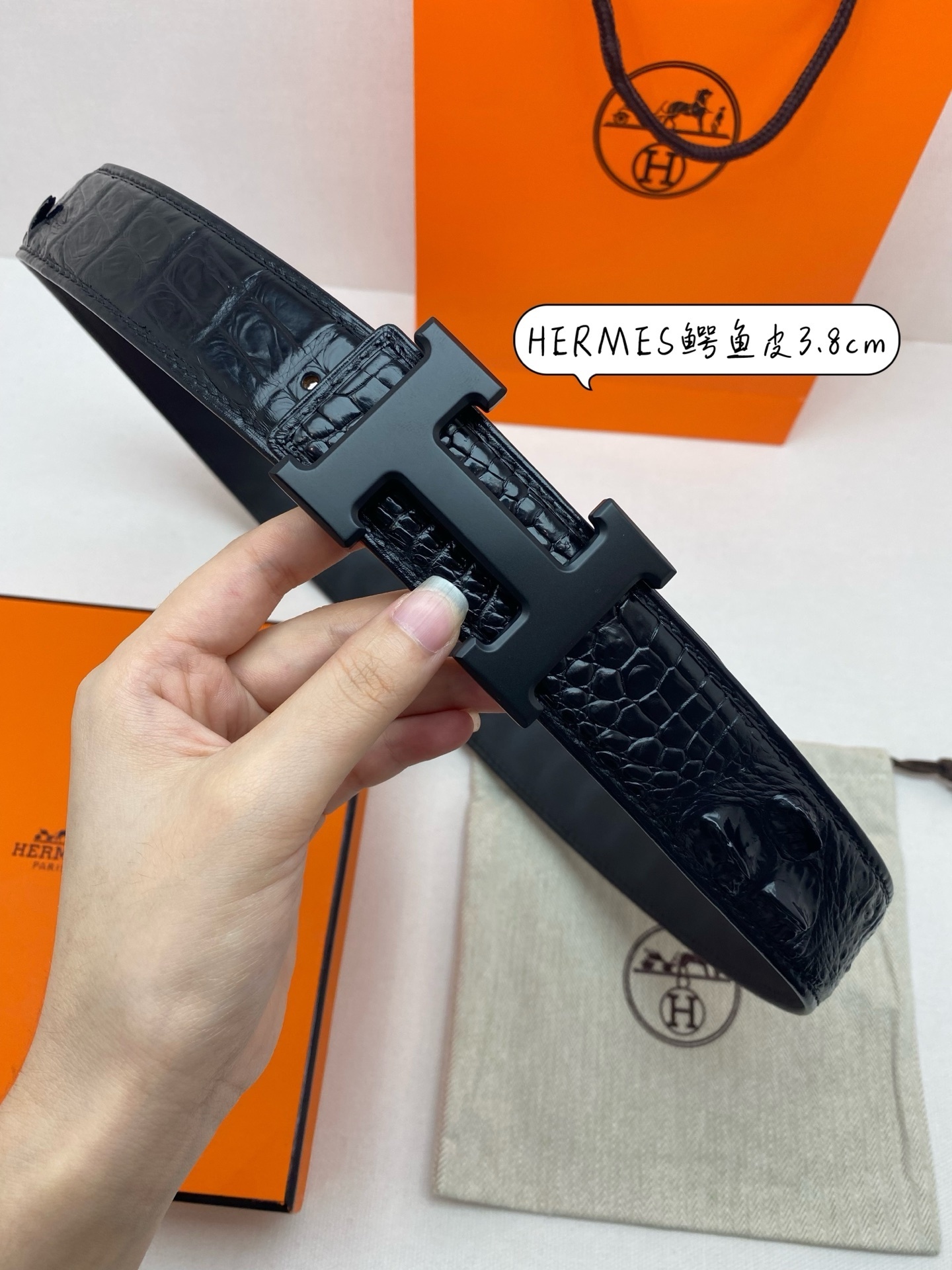 Hermes Men's Crocodile Leather Belt 3.8cm with Matte Black H Buckle