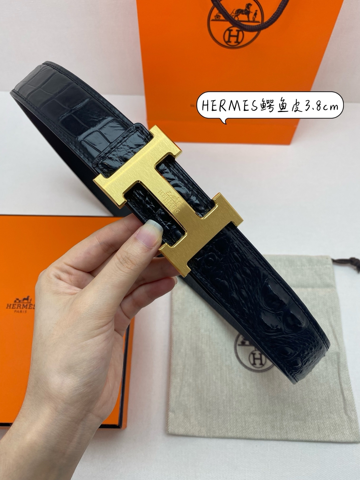 Hermes Black Crocodile Leather Belt with Gold H Buckle - 3.8cm