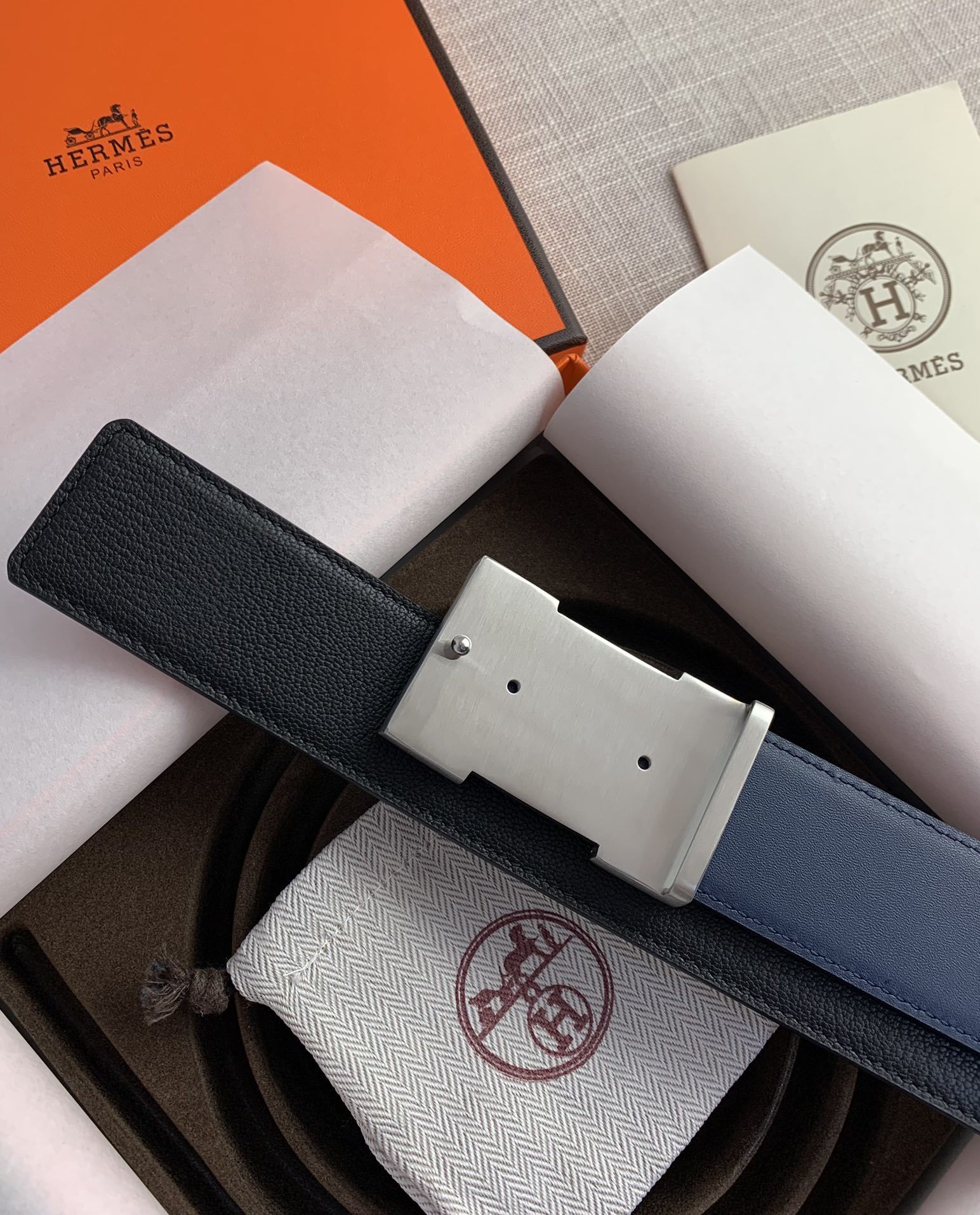 Hermès Reversible Leather Belt with Brushed Silver H Buckle