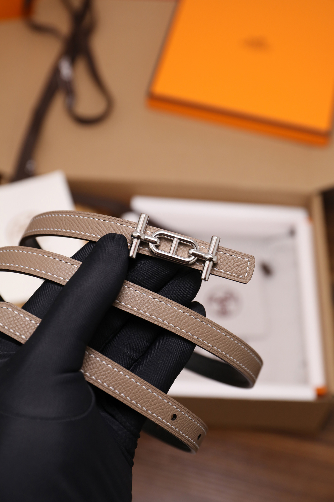 Hermès Etoupe Epsom Leather Slim Belt with Silver Buckle