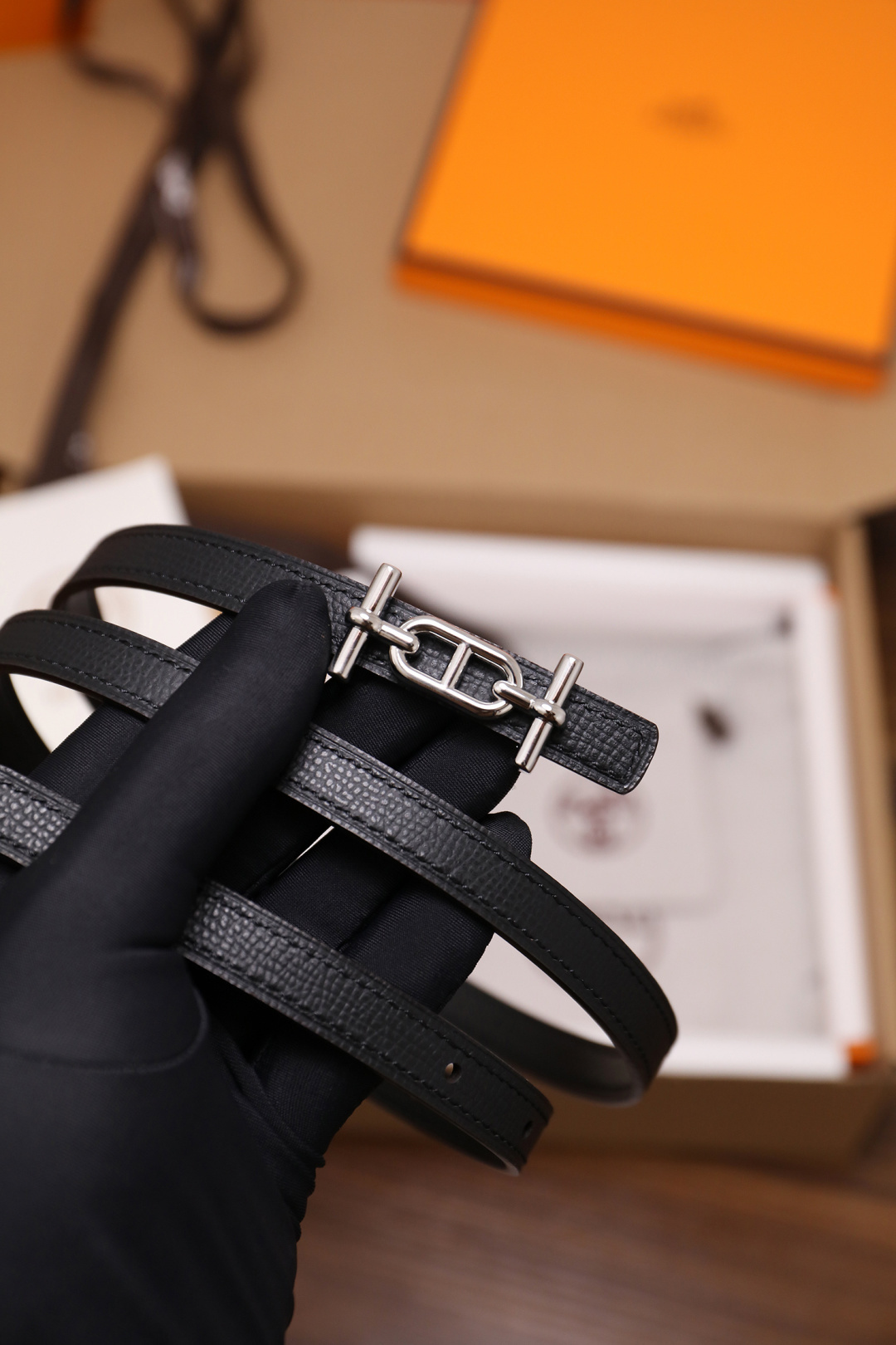 Hermes Roulis Slim Belt - Black Epsom Leather with Silver Buckle