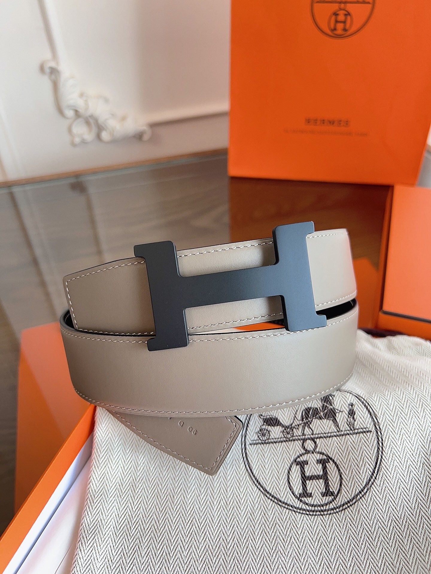 Hermes Reversible H Belt - Etoupe Grey Leather Matte Black Buckle