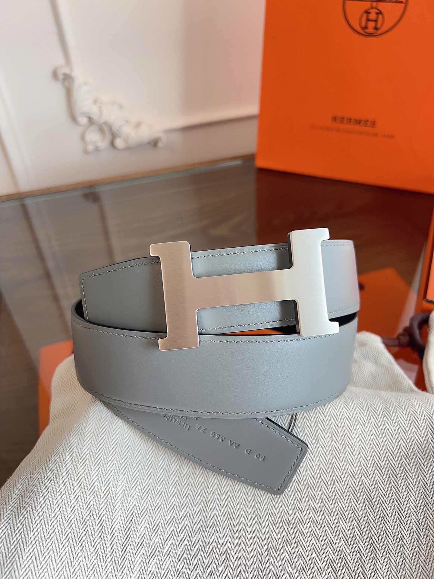 Hermès H Belt 32mm Grey Leather with Brushed Silver Buckle Size 90