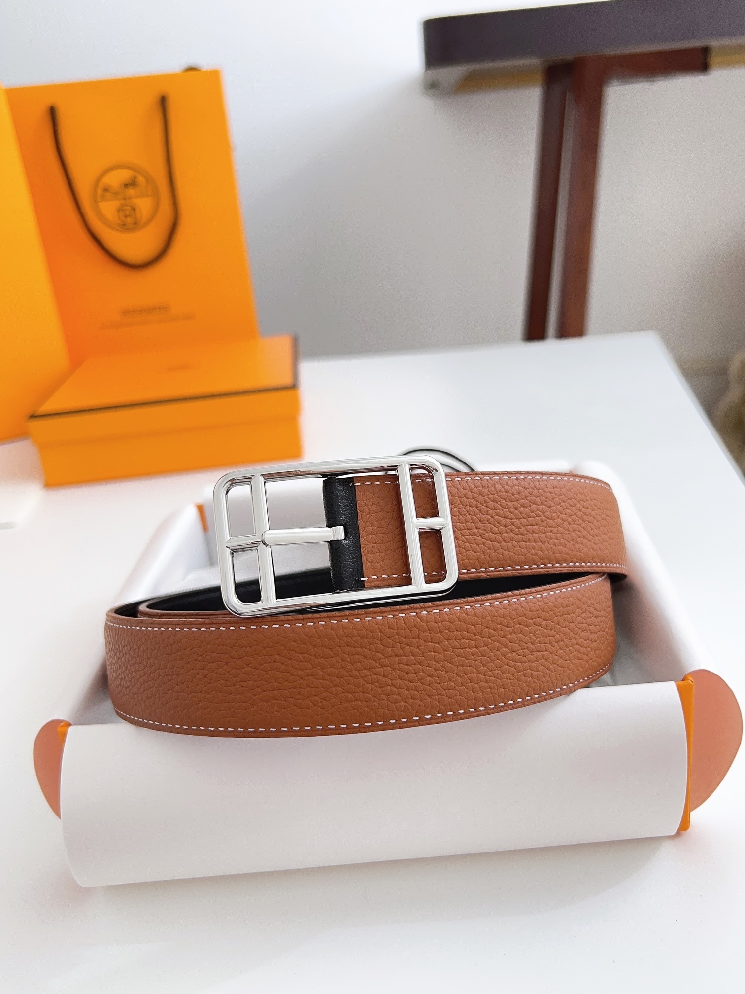 silver rectangular Hermes Tan Leather Belt