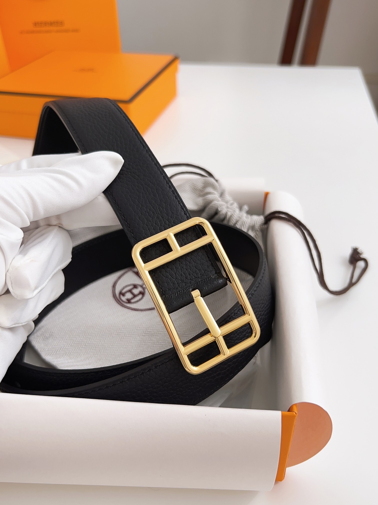 Hermes Men's Black Togo Leather Belt with Gold-Tone Buckle