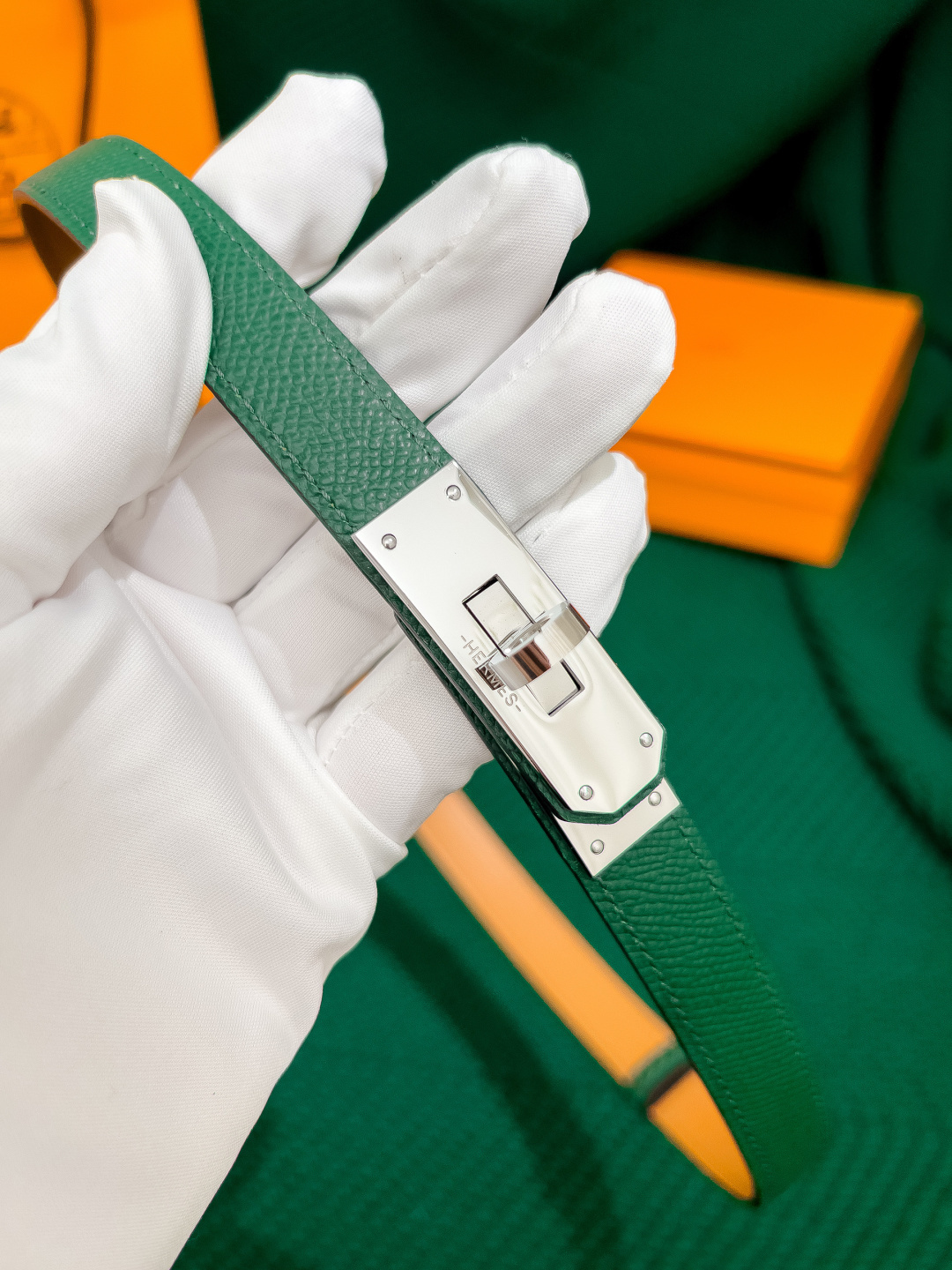 Hermes Kelly Belt Green Epsom Leather with Palladium Hardware