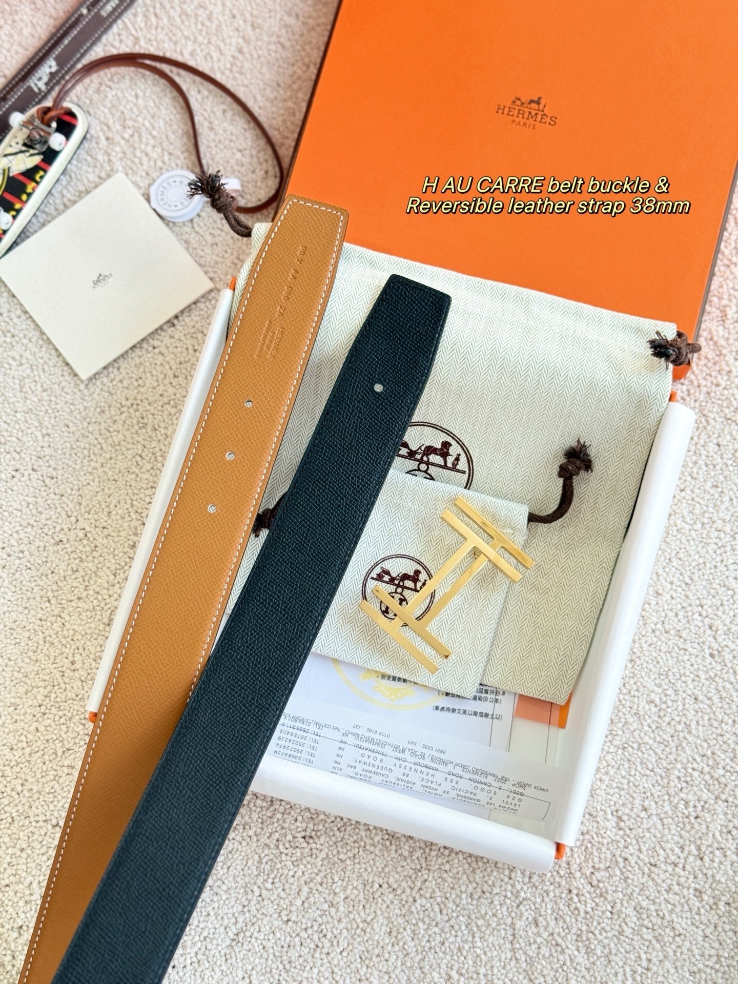 Hermès H Au Carre 38mm Reversible Leather Belt with Gold Buckle