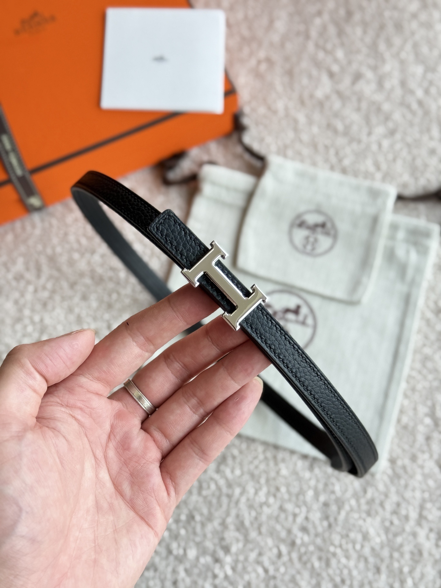 Luxury Hermès Slim Black Leather Belt with Silver H Buckle