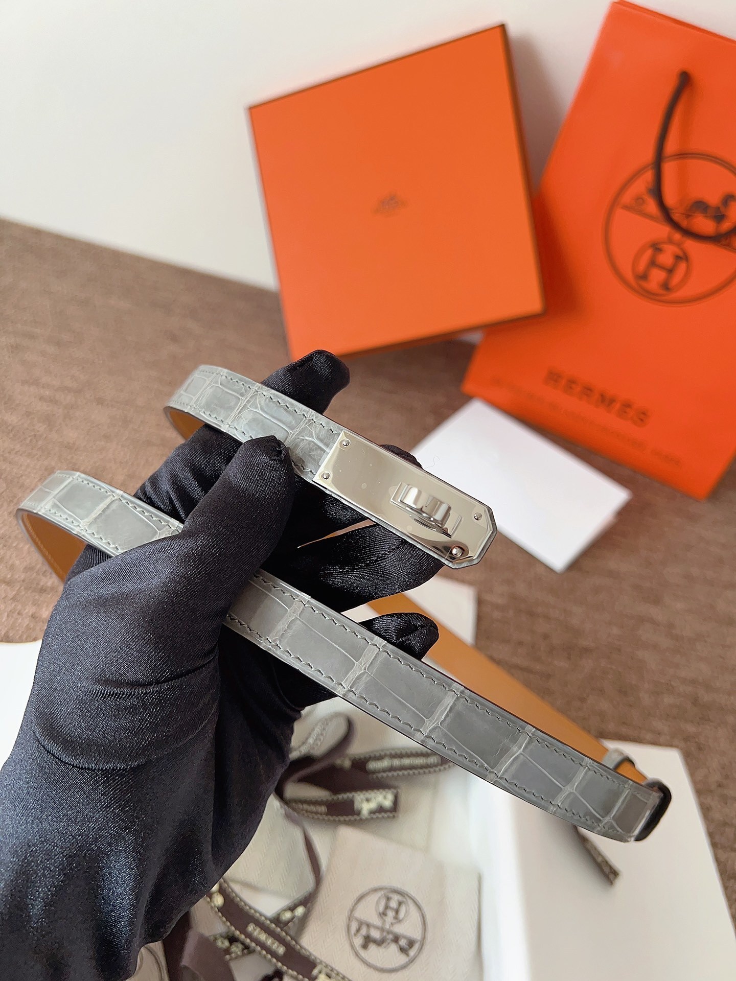 Luxury Grey Alligator Leather Kelly Belt with Silver Hardware