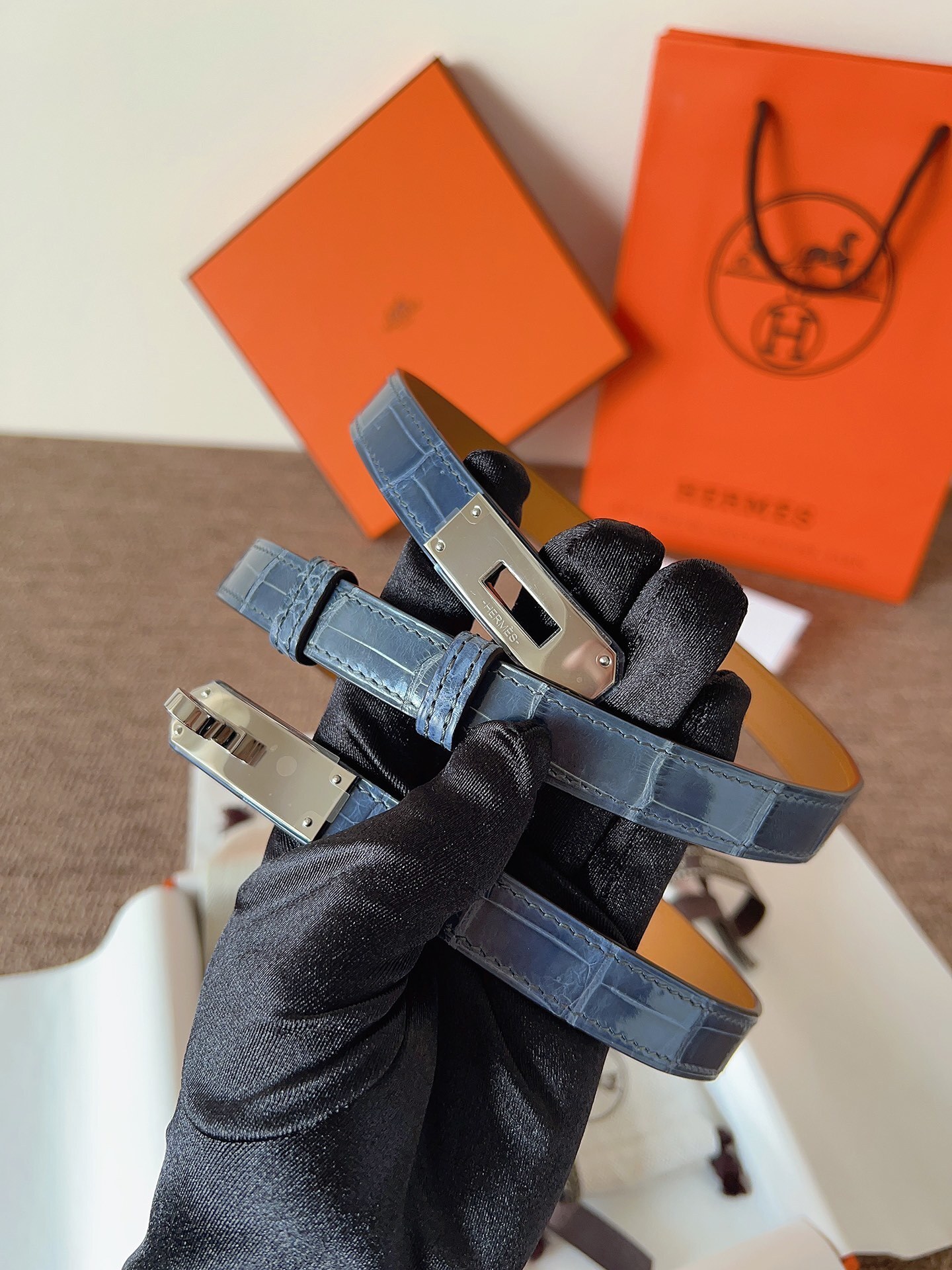 Hermes Kelly Belt Blue Alligator Leather with Palladium Buckle