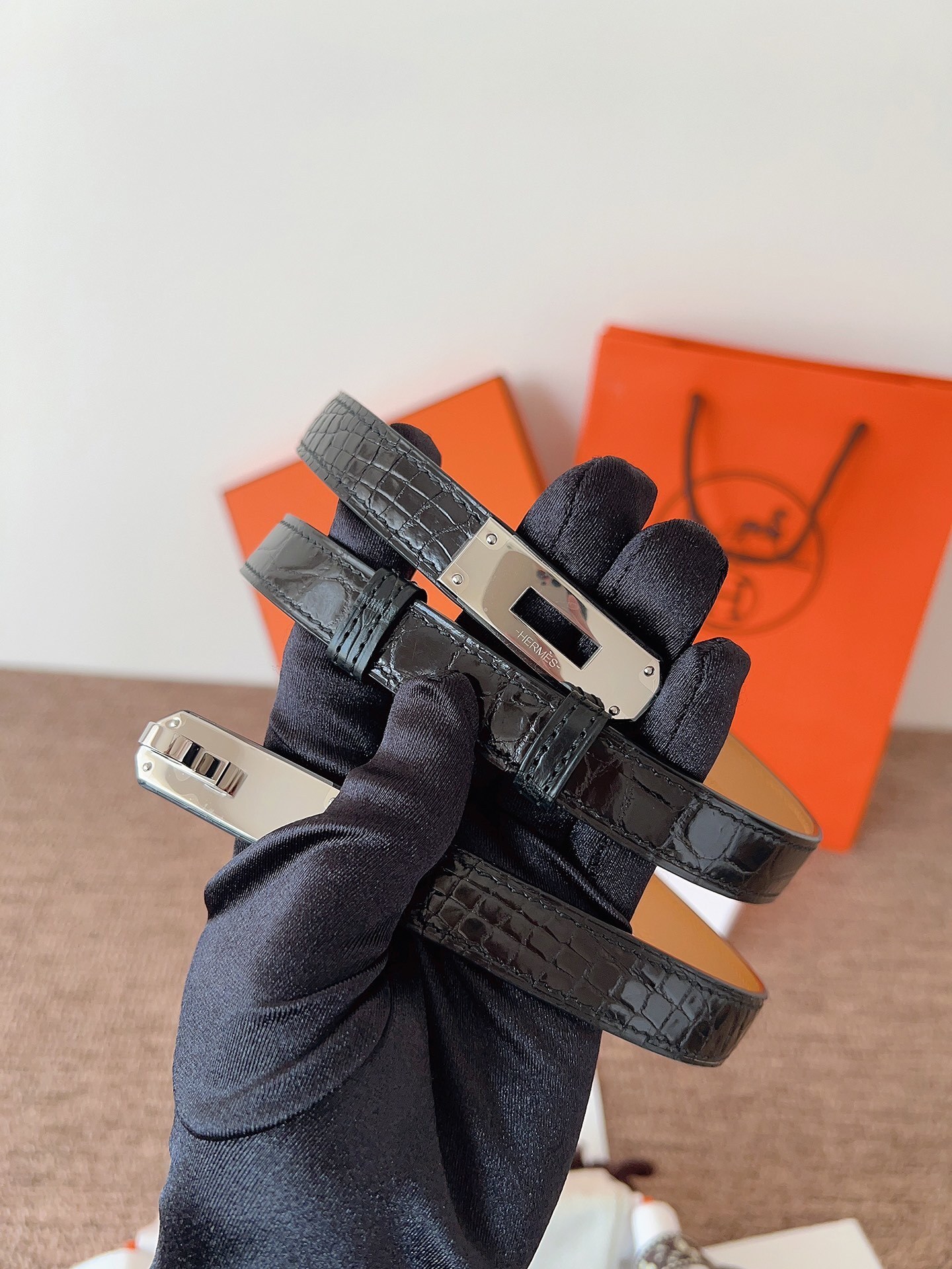 Hermes Kelly Belt - Black Crocodile Leather with Silver Buckle